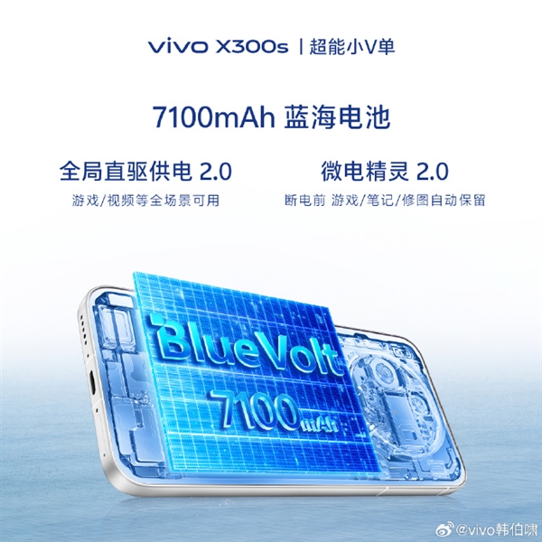vivoX300s搭载X系列最大7100mAh电池!支持全局直驱供电2.0边充边玩不烫手