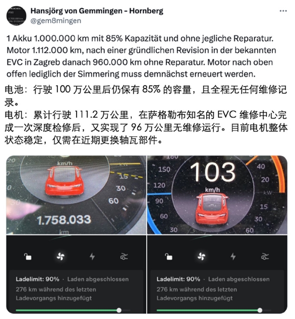 全球行驶里程最长的特斯拉刷新纪录:100万公里后电池、三电系统仍优秀