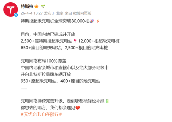全球突破80000根!特斯拉超级充电桩创纪录2025年输电6.7太瓦时