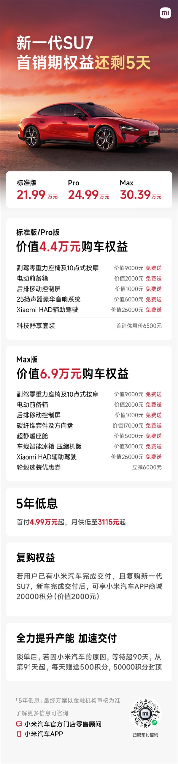 价值6.9万元免费送新一代小米SU7首销期权益仅剩最后4天
