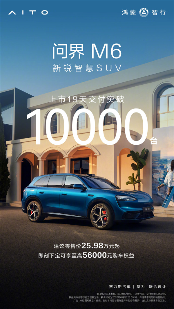 25.98万起!问界M6上市19天交付突破10000台