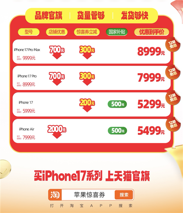 iPhone17/Air全系官方降价来了:最高立减2500元!5299元起