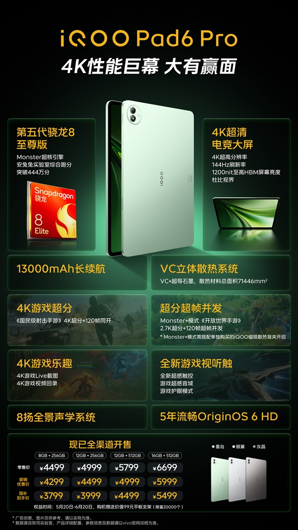 3799元起!一图读懂iQOOPad6Pro:4K板皇5年流畅
