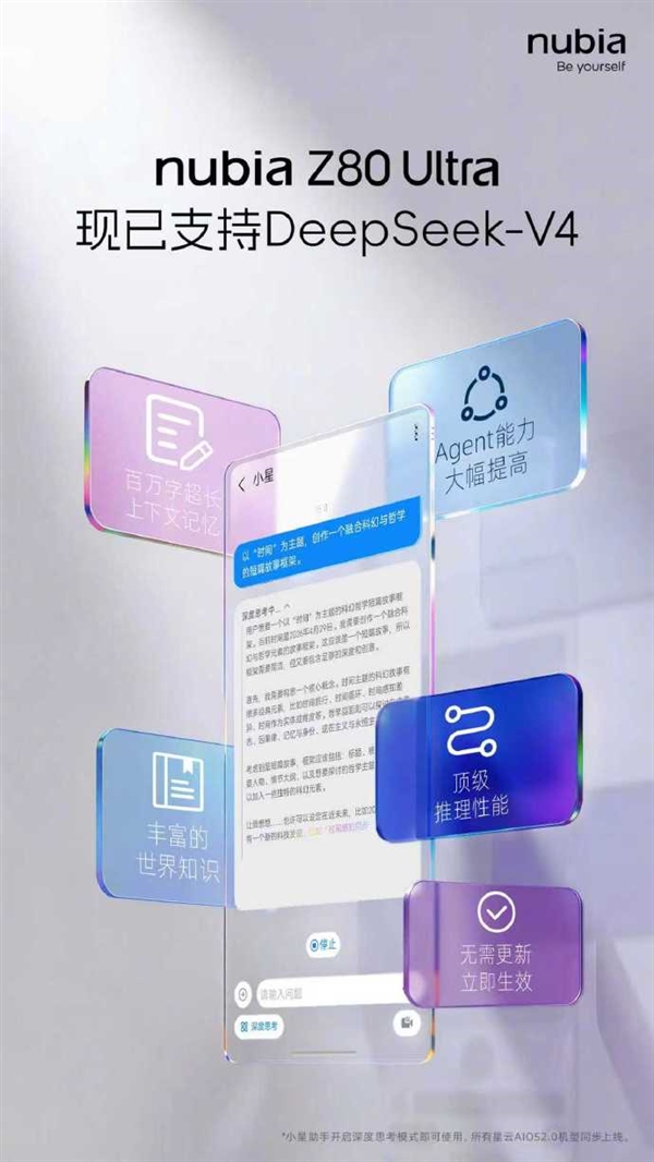 努比亚Z80Ultra官宣接入DeepSeekV4:不用更新系统就能用