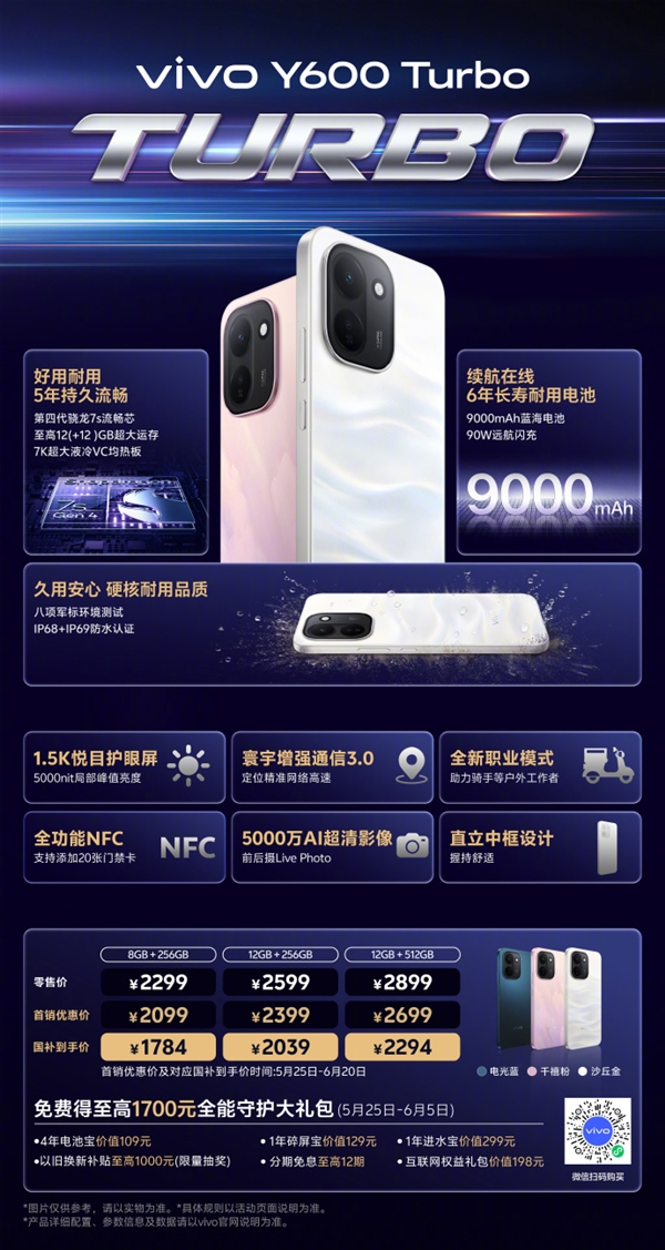 国补1784元起!vivoY600Turbo发布:9000mAh电池干掉充电宝6年耐用