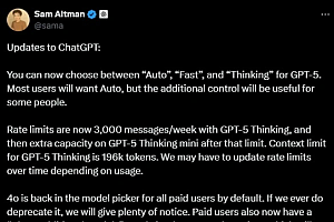 ChatGPT 5更新:三种模式可选 4o重新回归