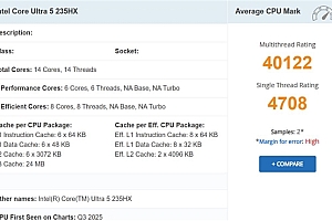 Intel酷睿Ultra 5 235HX首次跑分:单核超锐龙9 9955HX3D!
