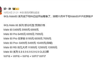 下月发布!华为Mate 80系列进入最后准备阶段 价格预测:非凡大师万元起