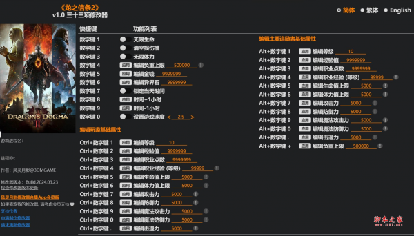 龙之信条2三十三项修改器(无限生命/无限体力) v1.0 风灵月影版