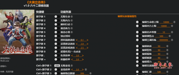 大侠立志传六十二项修改器(无限生命/无限金钱) v2.0 风灵月影版