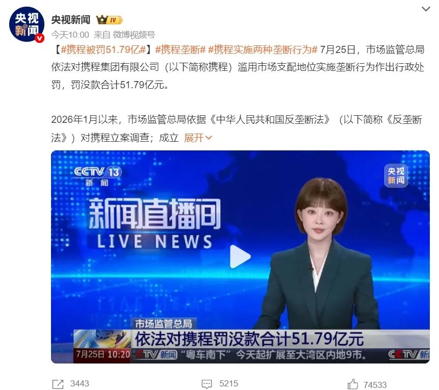 640-114 突发!携程被罚 51.79 个亿,官方回应来了