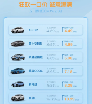 五一吉利超值SUV大促，限时一口价，低至4.49万起，颜值担当仅售8.28万起！