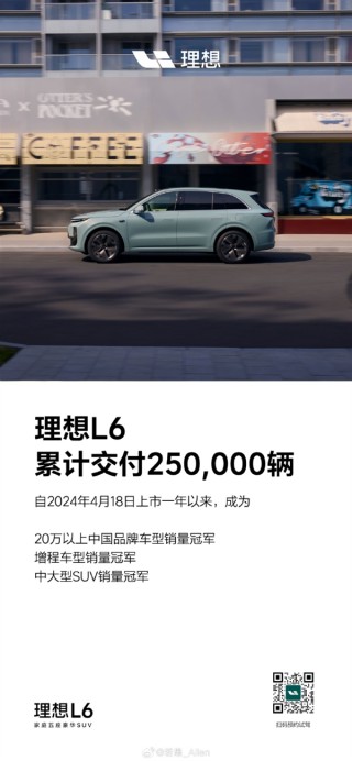 理想L6一年交付突破25万辆，勇夺三项冠军，市场表现亮眼！