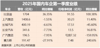 车企2025年一季度的业绩报告，比亚迪营收领先，赛力斯盈利突出，广汽集团出现亏损挑战