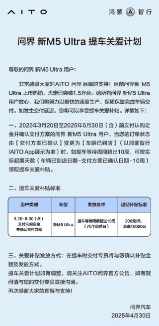 问界M5 Ultra大定突破1.5万辆，官方推出关爱提车计划，最高补贴达万元