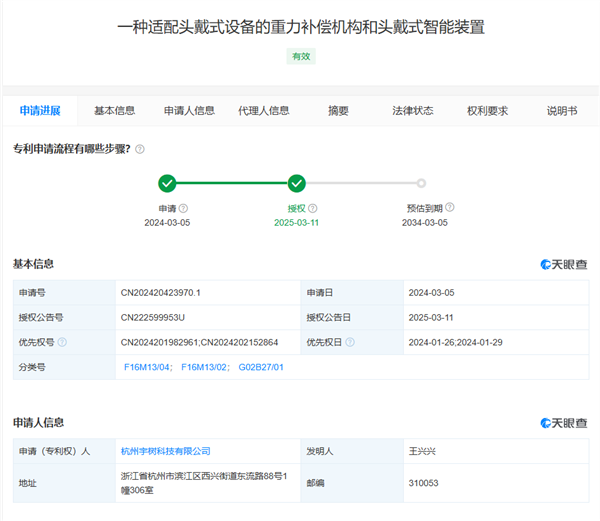 宇树科技头戴式智能装置专利获授权：缓解长期佩戴导致的颈椎酸痛