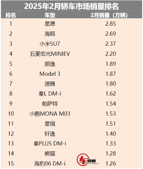 二月轿车销量报告，小米SU7进前三，Model 3回暖，纯电小车市场火热