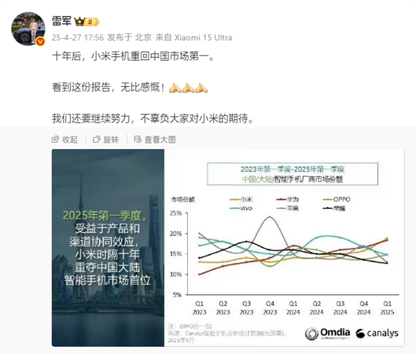 雷军：十年后小米手机重回中国第一！无比感慨