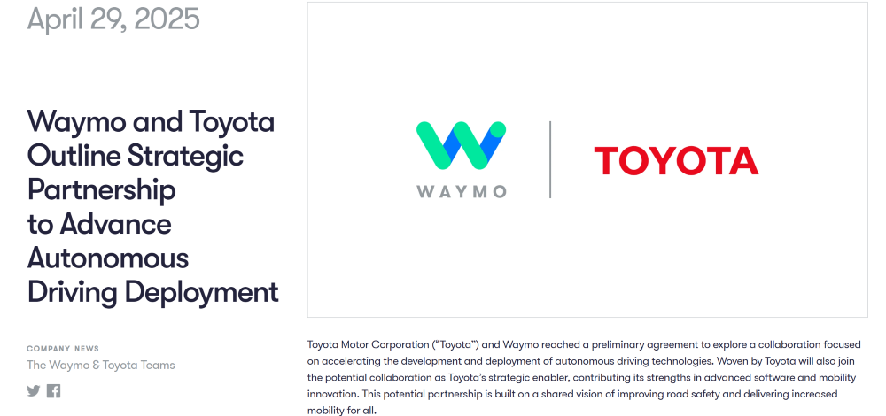 Waymo与丰田合作开发自动驾驶汽车平台，Robotaxi已在东京测试行驶