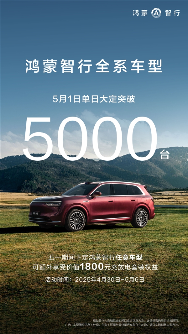 假期战神！鸿蒙智行五一5天大定超2.2万台：同比翻倍